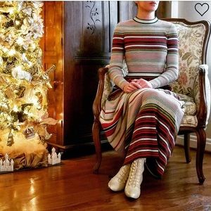 Vintage Striped Rainbow Metallic Glitter Long Sleeve Wool Knit Maxi Dress